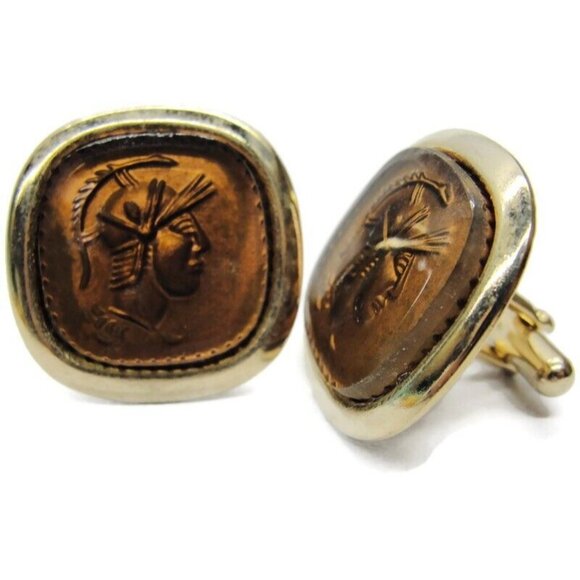 Roman Gladiator Gold Tone Acrylic Square Cufflinks Tux Shirt Dress Suit Vintage - Picture 1 of 9